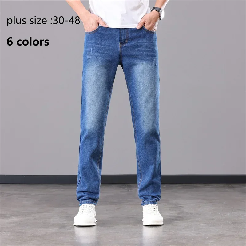 Calça reta de elástico masculina, jeans rasgado e rasgado, fina calça masculina, tamanho grande, na moda, verão, plus size 44, 46, 48