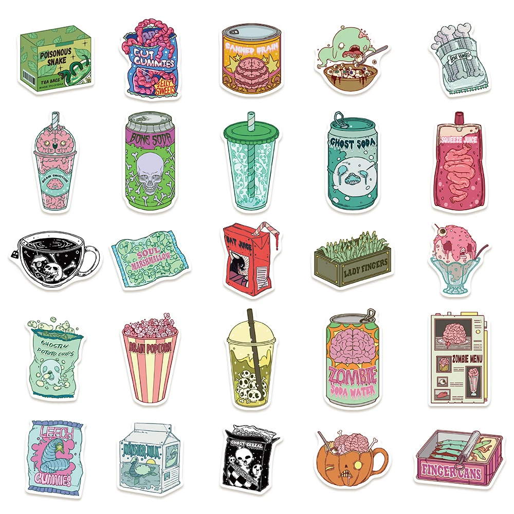 10/30/50pcs horreur dessin animé Zombie nourriture boisson autocollants drôle créatif gothique décalcomanies ordinateur portable téléphone Skateboard Graffiti autocollant jouet