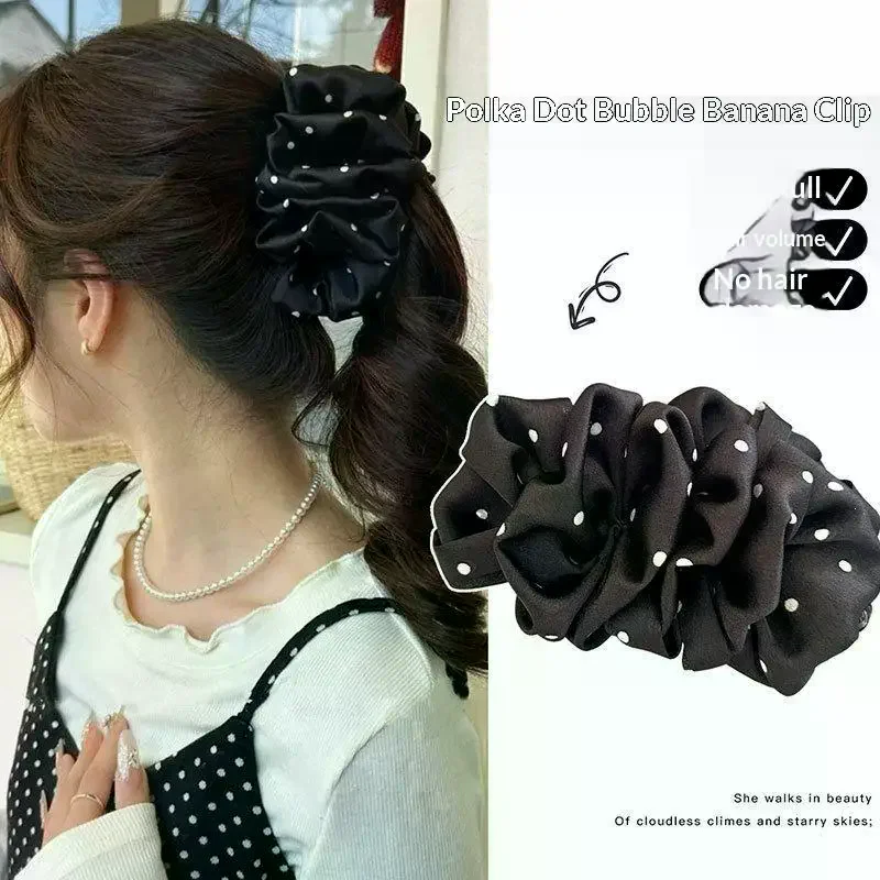 Large Satin Ruffled Hair Claw Clips For Women Strong Non Slip Hold Cute Polka Dot For Daily Office Dating Use