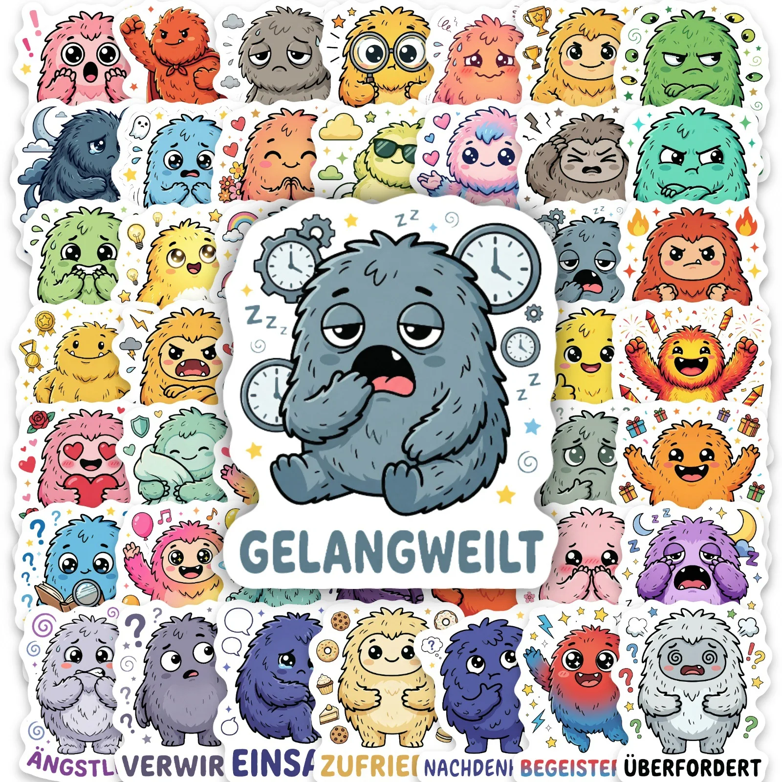 50 Pcs Cartoon Monster Different Emotions HD Fun Stickers Pack, Student Scrapbook File Folder Album Helmet Skate No Repeat Decal