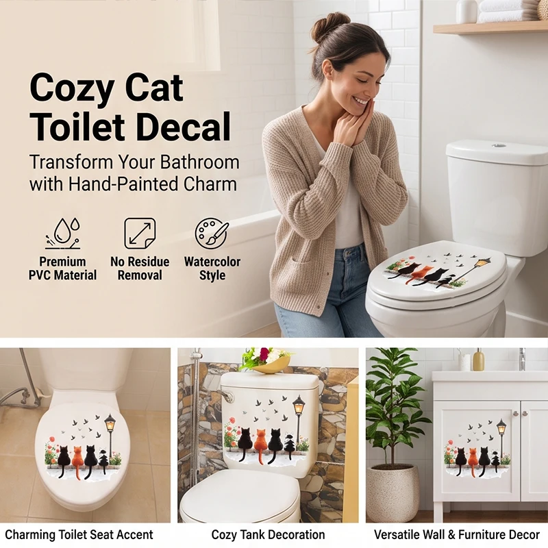Toilet Sticker Four Kittens Back View Waterproof Self Adhesive  Decal Bathroom Toilet Seat Tank Home Decor Wall Stickers