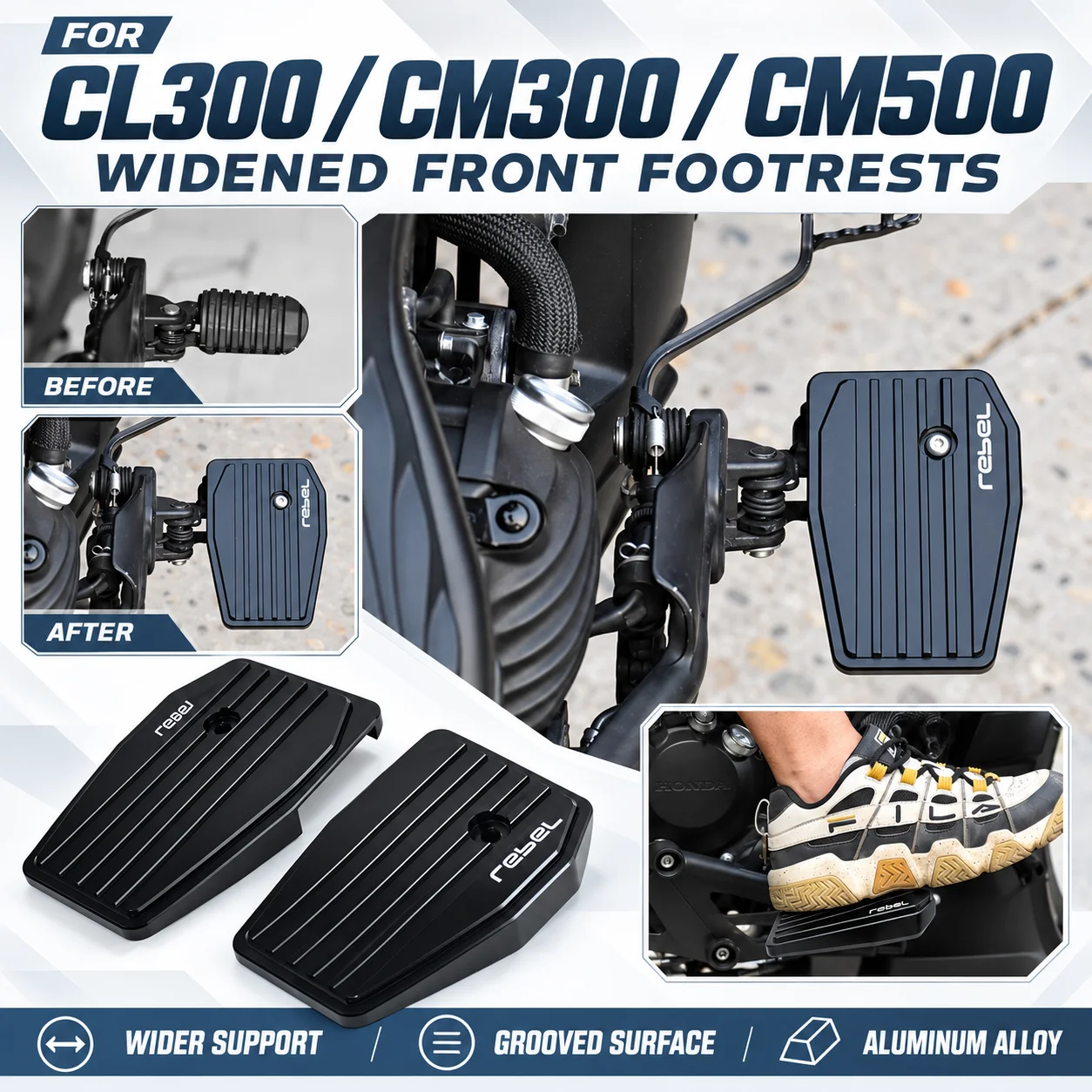 Motorcycle Modification Accessories for CL300, CM300, and CM500: Widened, Enlarged, Anti-Slip Front Footpegs