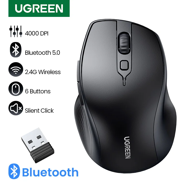 Mysz bezprzewodowa UGREEN Bluetooth 5.0 ergonomiczna 4000 DPI 6 przycisków wyciszania dla tabletu MacBook Laptop PC 2.4G mysz mysz