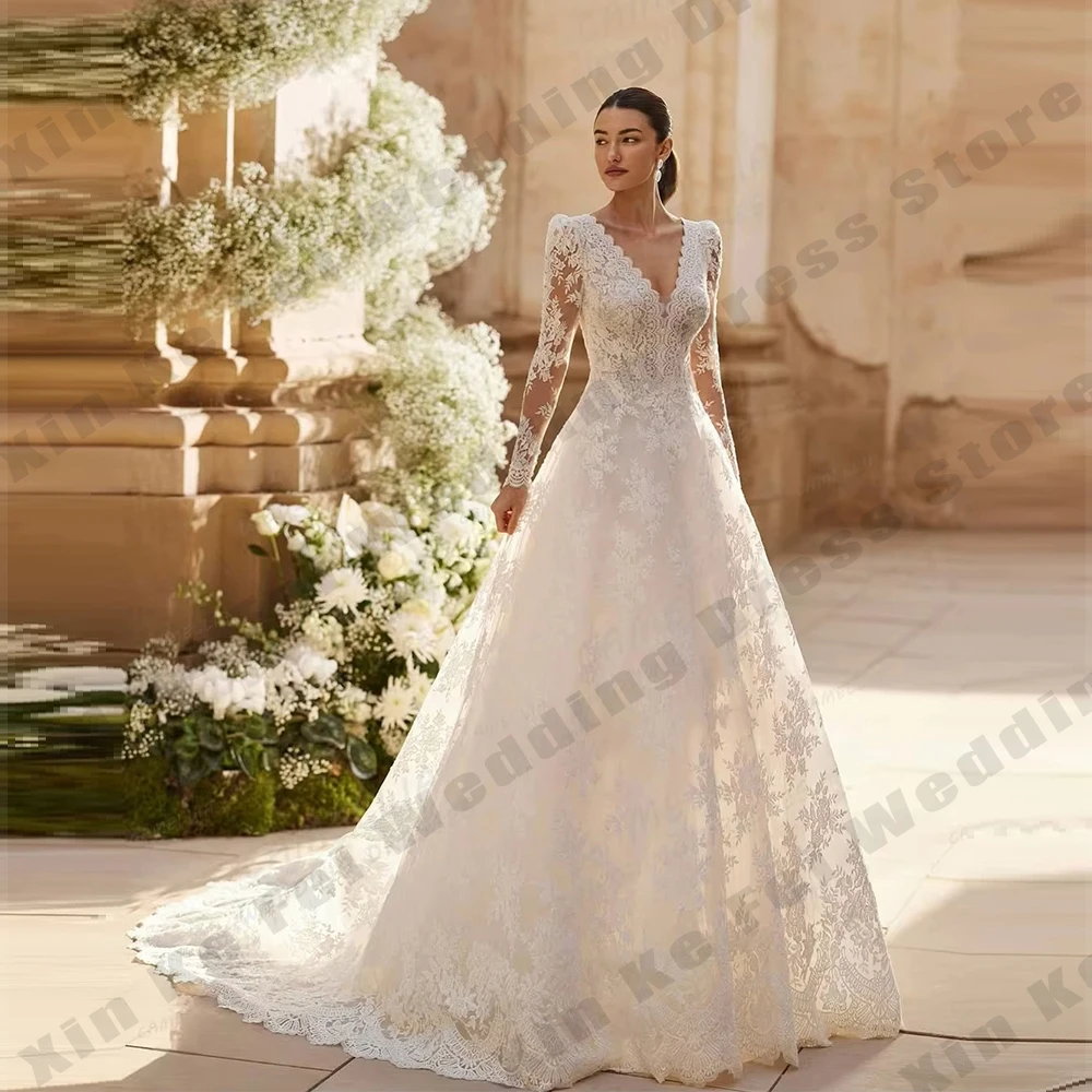 

2026 Gorgeous Women's Lace Bridal Gowns Elegant Long Sleeve Round Neck Princess Wedding Dresses Formal Party Customized vestidos
