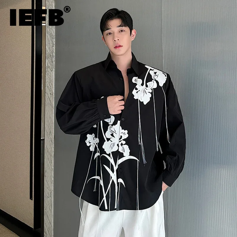 IEFB Chinese Style New Fashion Male Shirt Ink Painting Printed Tassel Embroidery Long-sleeved Shirts 2024 Floral Top 9C7135