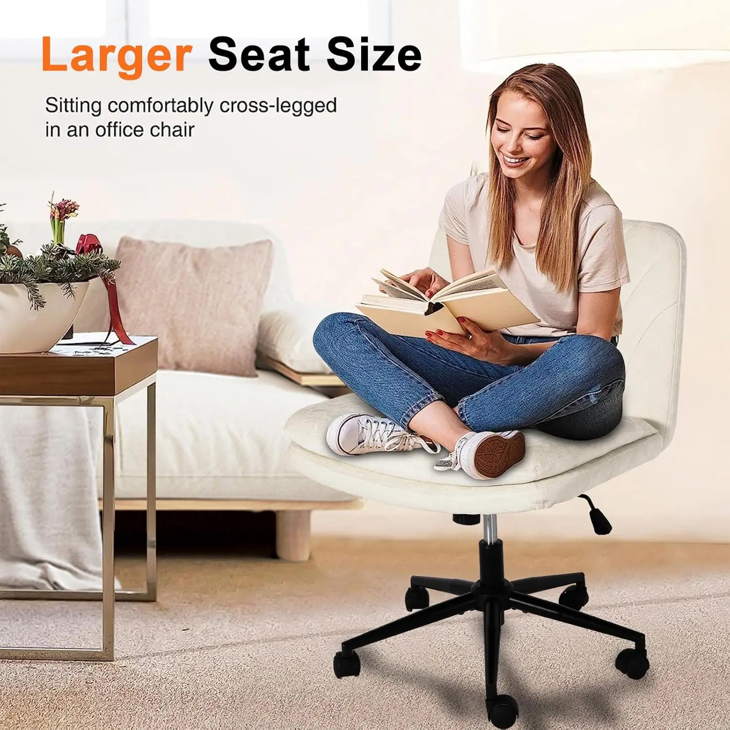 Comfortable Swivel Criss cross Chair with Wide seat and Wheels for Home Office Gaming - Beige Chenille Armless Design