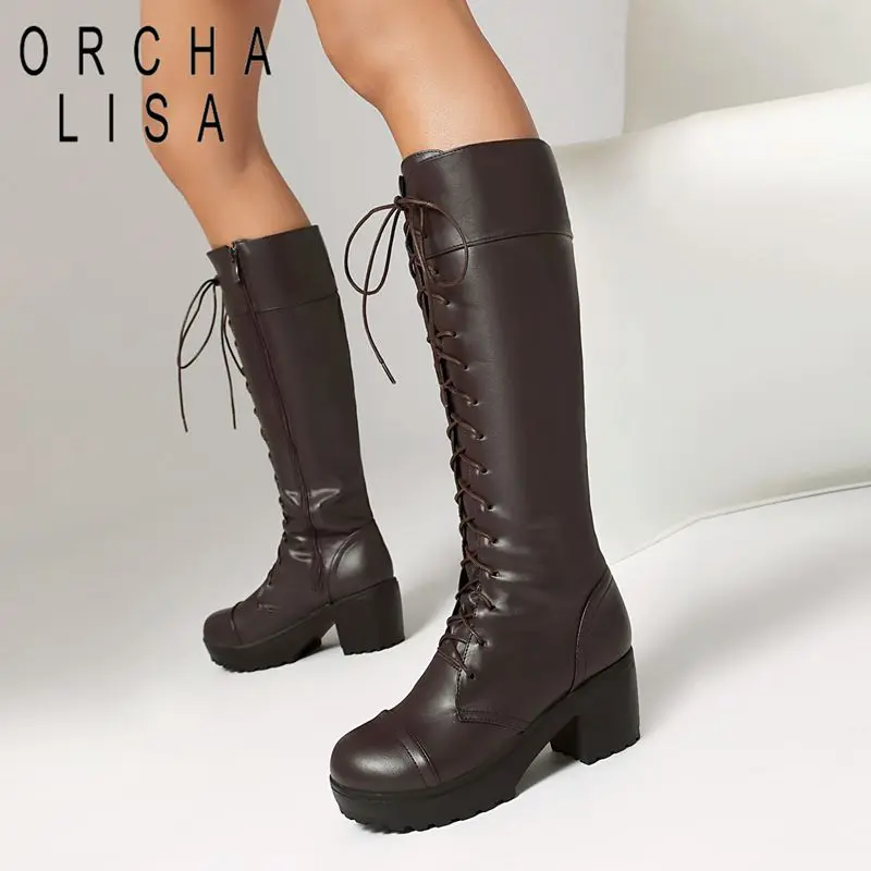 

2025 Женские сапоги до колена с круглым носком на блочном каблуке 5,5 см, платформа 2,5 см, молния, шнуровка, удлиненный размер 45 46 48 Leisure Bota