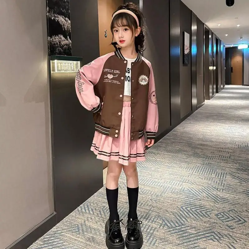 Saniris Mymelody Girl Baseball Coat Anime Kuromi Kids Jacket gonna a pieghe 2Pcs Preppy Style Uniform Suit primavera autunno Kids Cloth