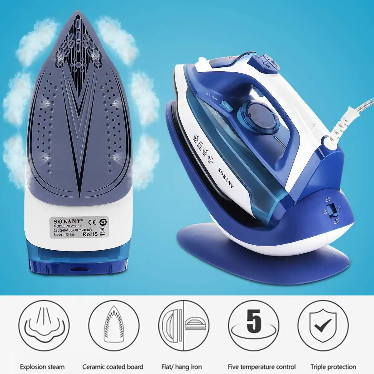 2400W Powerful Cordless Steam Iron Electric Clothes Steamer with Base Overheat Protection Anti-Drip Self-Clean Features