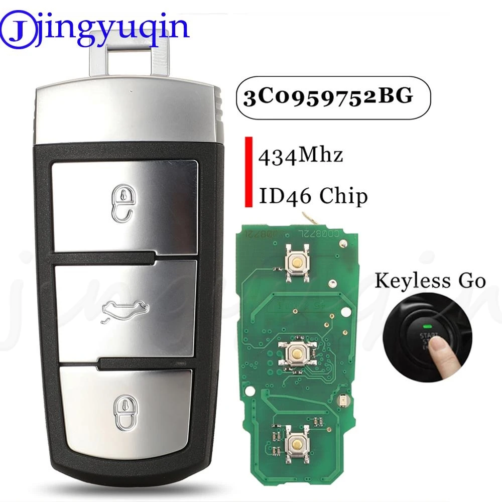 

Jingyuqin Keyless Go Remote Car Key Fob 433Mhz ID46 PCF7936 Chip 3C0959752BG For Volkswagen Passat Passat CC 4 Buttons