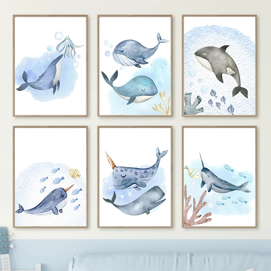 Multi-size 1PC frameless high-definition decorative paintings,Cartoon Marine Animals Dolphins Sharks Whales Wall Art Canvas Pain