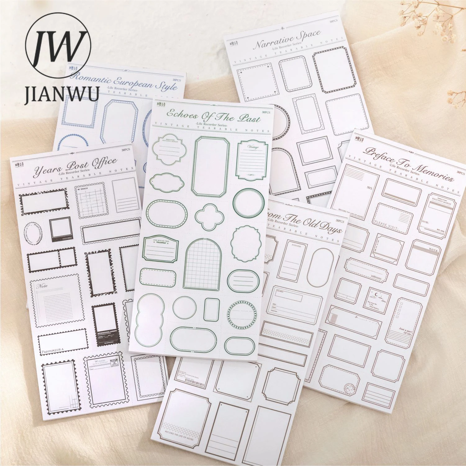 JIANWU 30 Sheets Life Recorder Series Vintage Border Label Material Decor Memo Pad Creative DIY Journal Collage Stationery