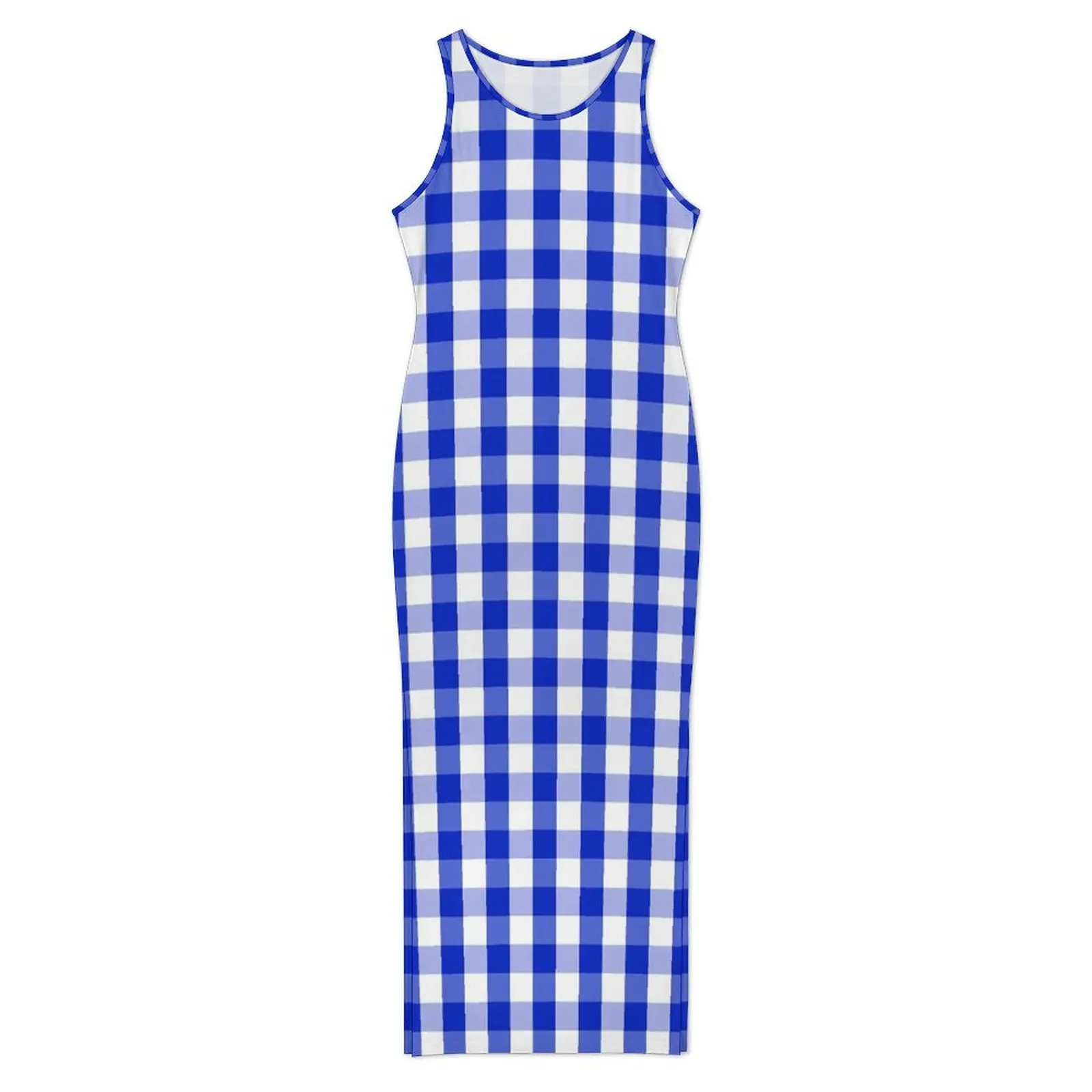 Womens Blue White Gingham Dress Check Plaid Squared Fashion Bodycon Dress Holiday Vintage Maxi Dresses Design Big Size Clothing