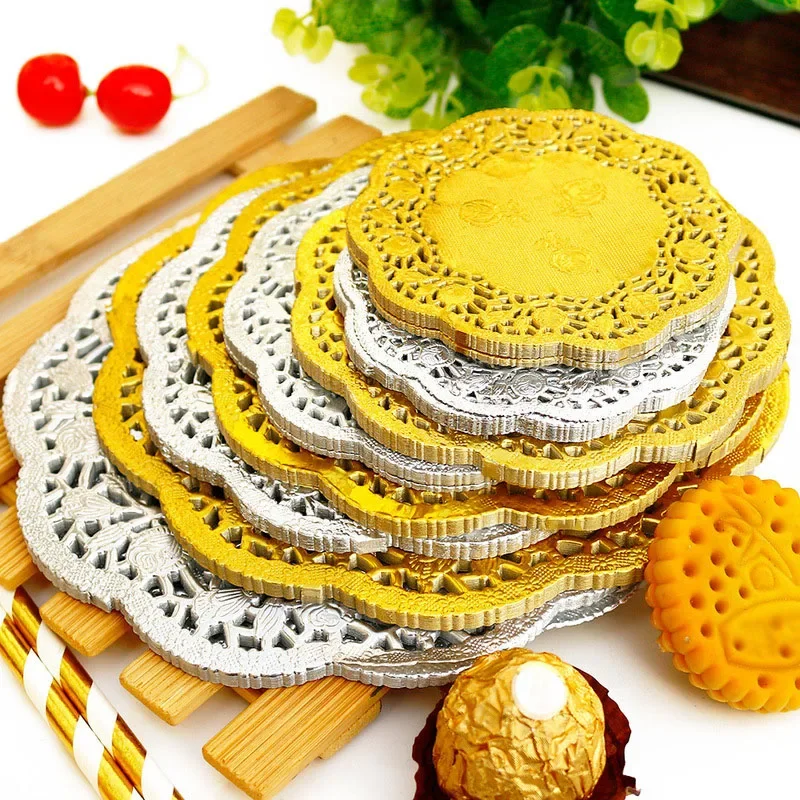 Round Paper Doilies Golden Silver Lace Kitchen Wedding Party Decorative Baking Placemat Tea Coffee Doily Handmade Pad 50pcs