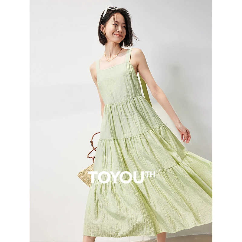 

TOYOUTH Women Suspenders Dress 2024 Summer New Mint Marbo Vacation Style Beach Holiday Fashion Cake Long Dress