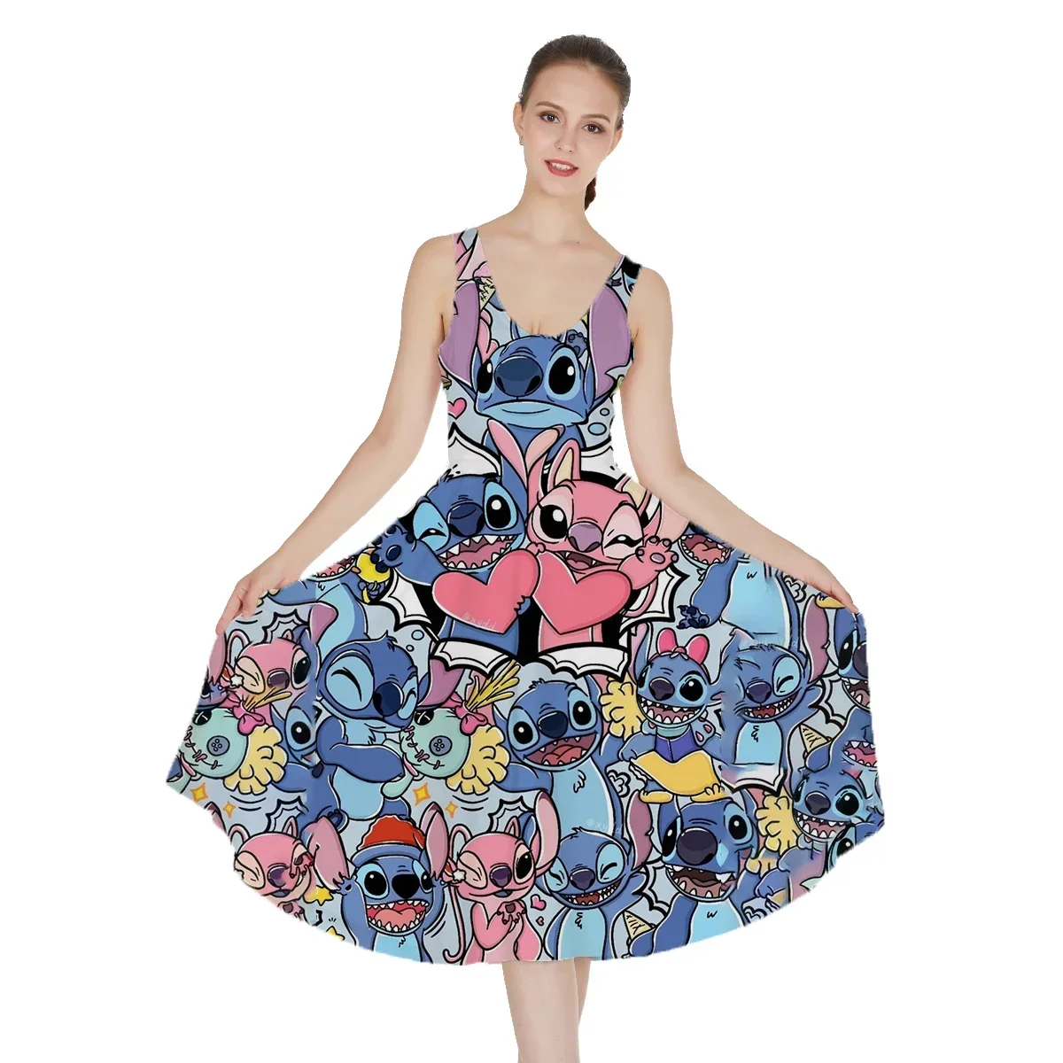 

2024 New Disney Stitch Women's Beach Dresse Mickey Minnie Dresses Women Summer Fashion Sling Print Sexy Skinny Seaside