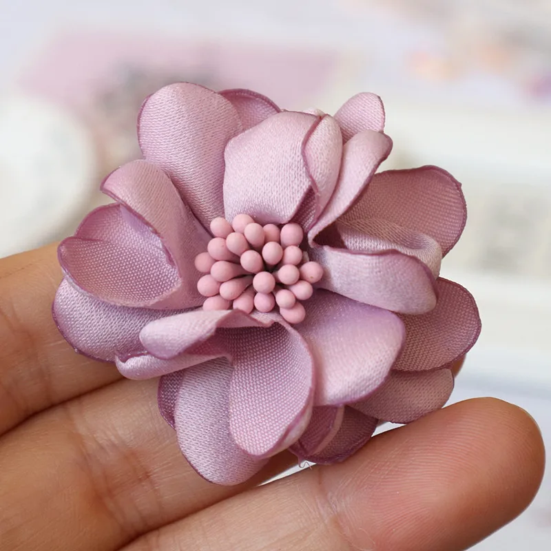 5Pcs 4.5CM Handmade Satin Fabric Artificial Flower For Wedding Party Clothing Decoration DIY Hair Accessories