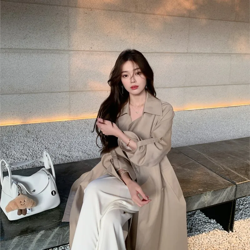 New khaki trench coat women's long over the knee waist temperament casual