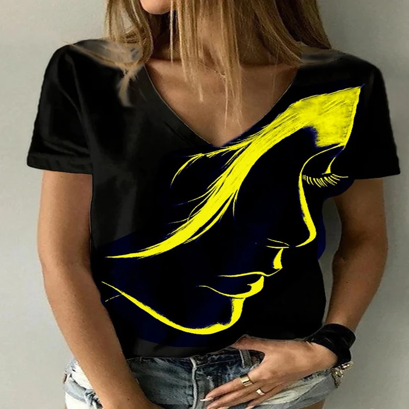 Fashion Abstract Portrait 3D Print T-Shirts Women V-Neck Short Sleeve Tees Y2k Tops Harajuku Oversized T Shirts Woman Clothing