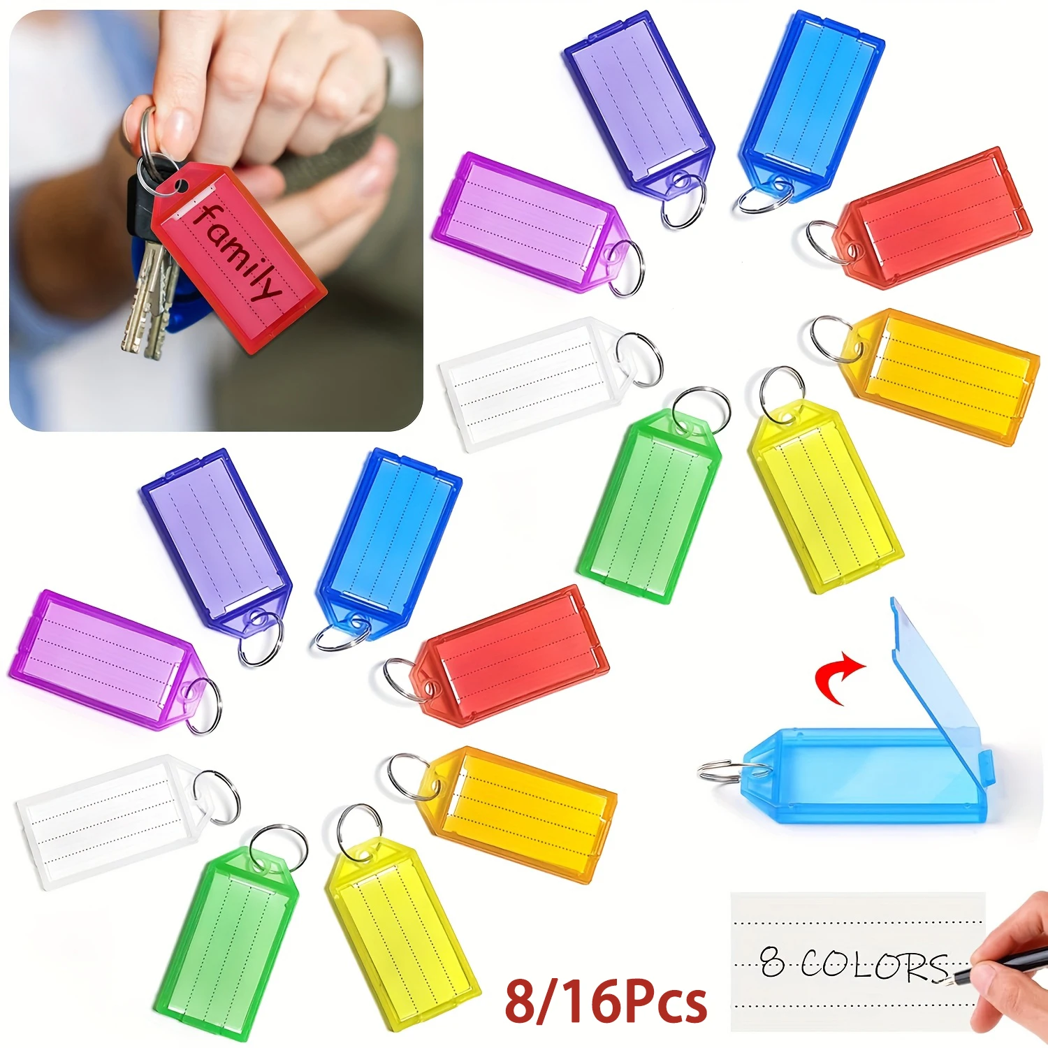 8/16Pcs Plastic Key Tags with Label Key Labels with Split Ring and Label Window 8 Colors Key Chain Identifiers Markers Tags