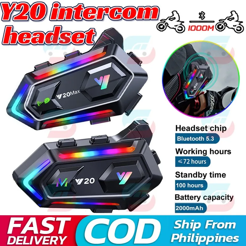 Motorcycle Intercom Headset Bluetooth Wireless Y20 Max for 2 Riders Connect Helmet with Microphone