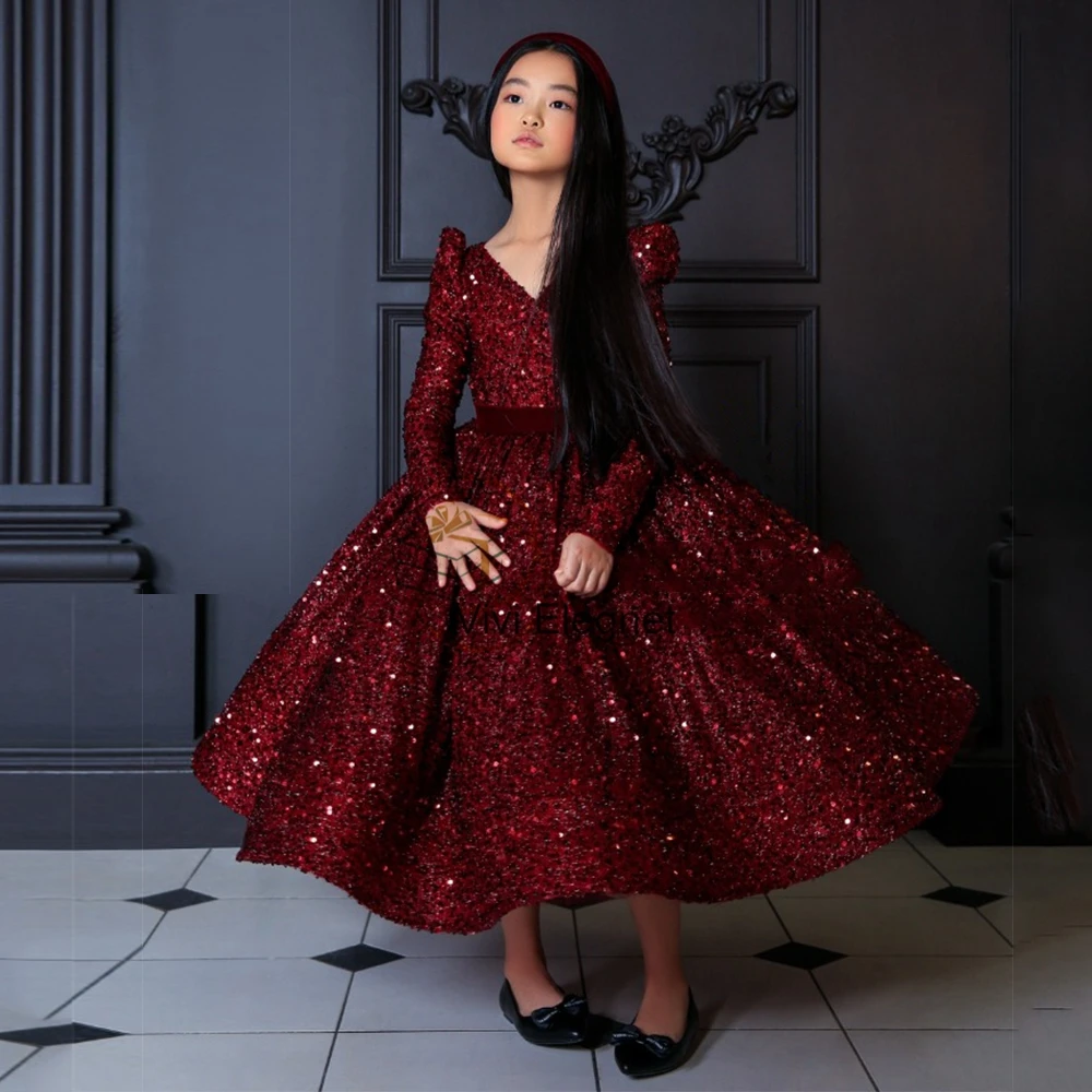 Burgundy Full Sleeve Flower Girl Dresses with Bow Strapless Sequined Ankle length Shinny Christmas Gown with Belt فساتين اطفال ل