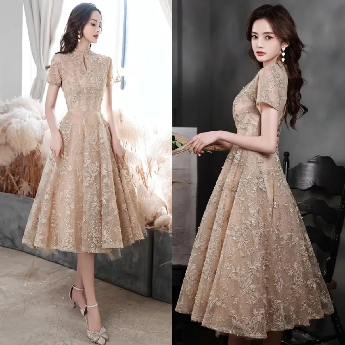 Evening Dress Khaki Flowers Embroidery Pearl Short Sleeves A-Line Pleat Tea-Length Plus size Lace up Woman Formal Party Gowns