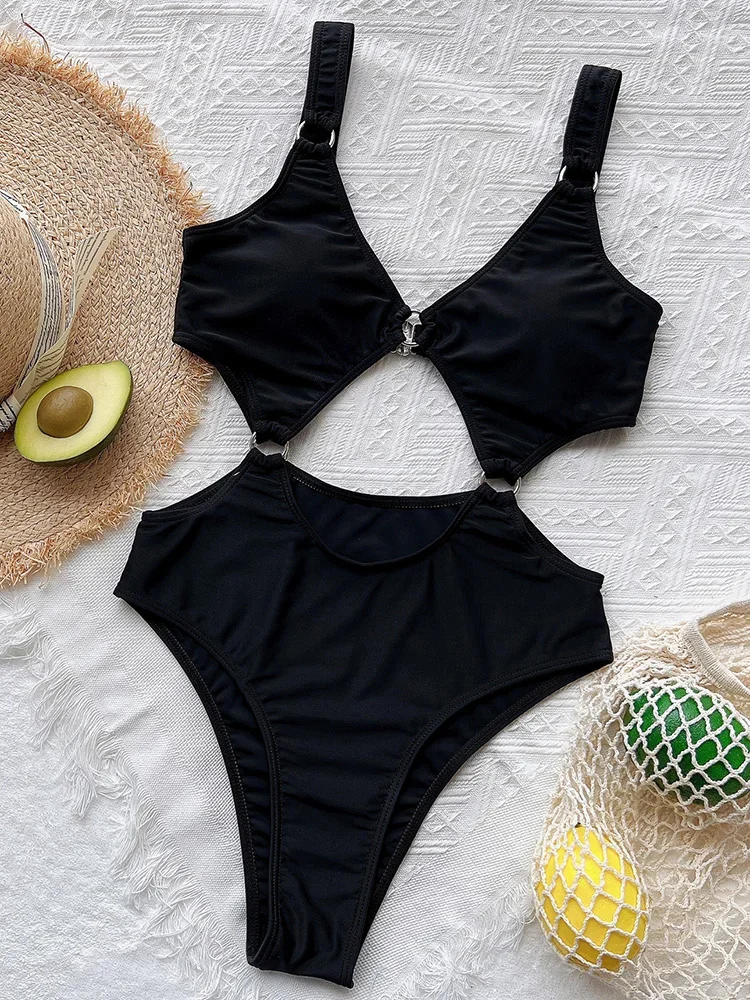 Metal Rings Tummy Cut Out Women Swimwear One Piece Swimsuit Female High Cut Monokini Hollow out Bather Bathing Suit Swim Lady