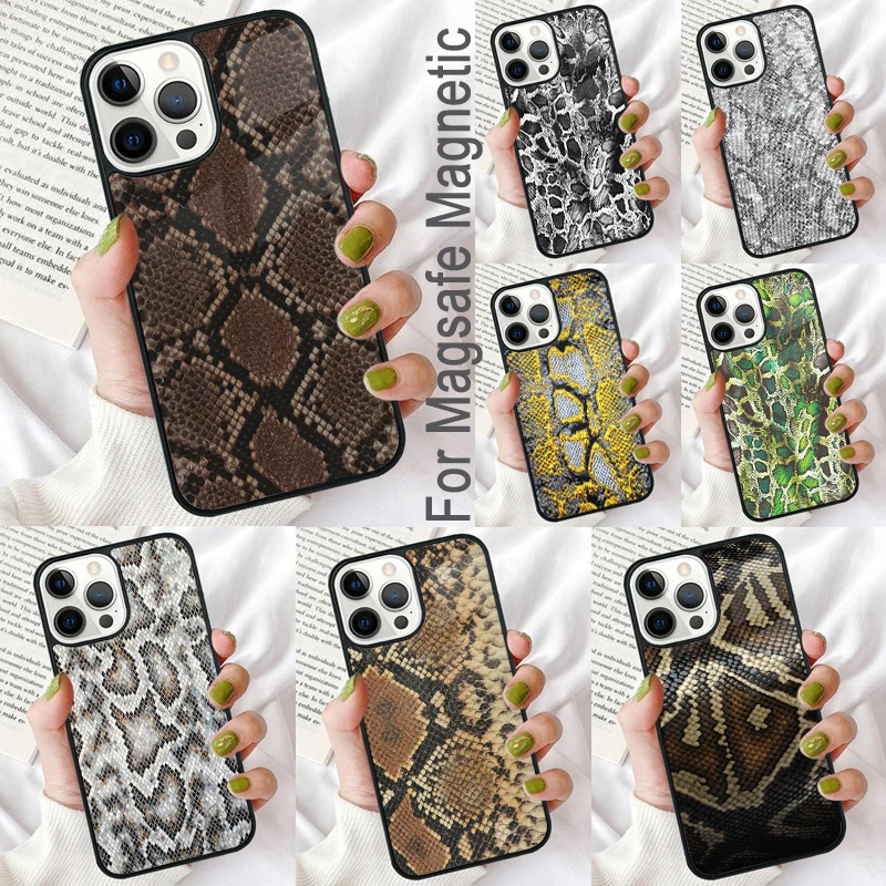 Snake Skin print Magnetic Soft Phone Case for iPhone 16 Promax 15 Pro 13 14 Plus 11 12 Mini MagSafe Coque