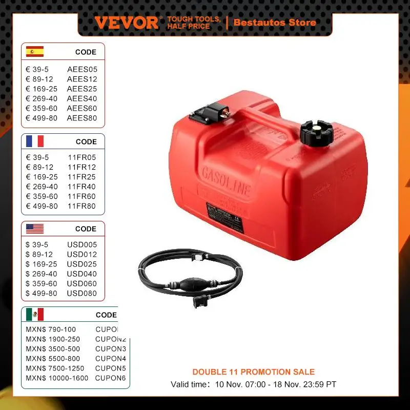 VEVOR 3Gal/12L Fuel Tank Mororcycle Accessories Petrol Cans with Hose Barrels Gas Spare Container for Yacht Fishing Deck Boat