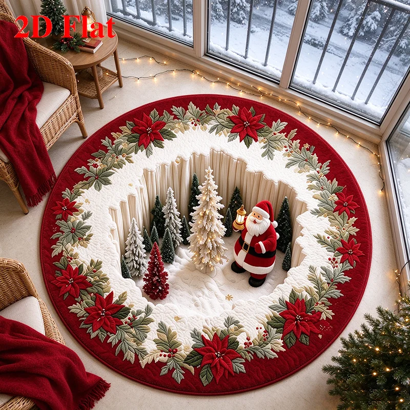 Christmas Santa Claus Round Rug Creative Wreath Snow Scene Christmas Tree Pattern Mat Festive Decor Rug for Living Room Bedroom
