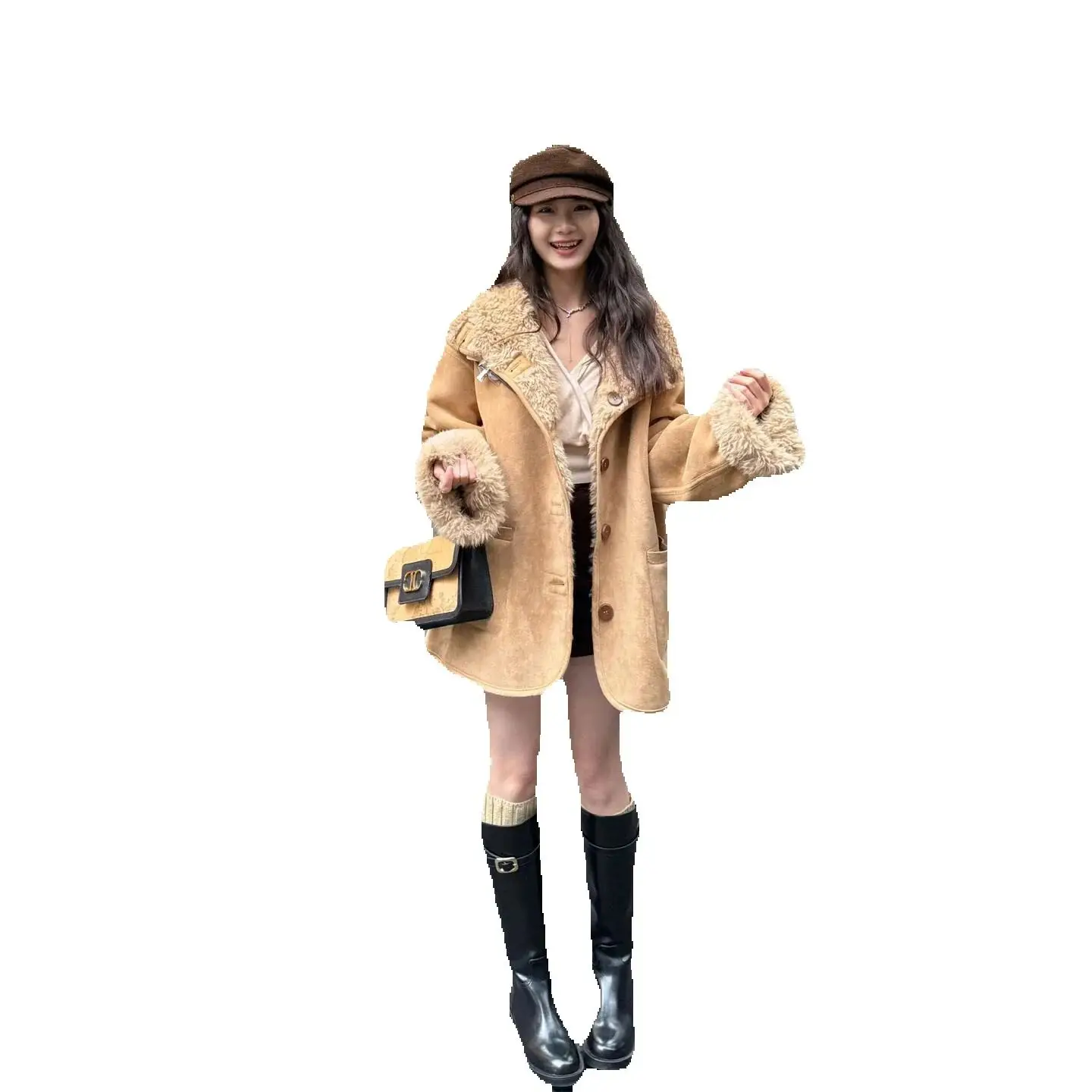 Eco-friendly fur two-sided all-in-one lambskin motorcycle jacket, loose and thick suede fur coat for women in autumn and winter
