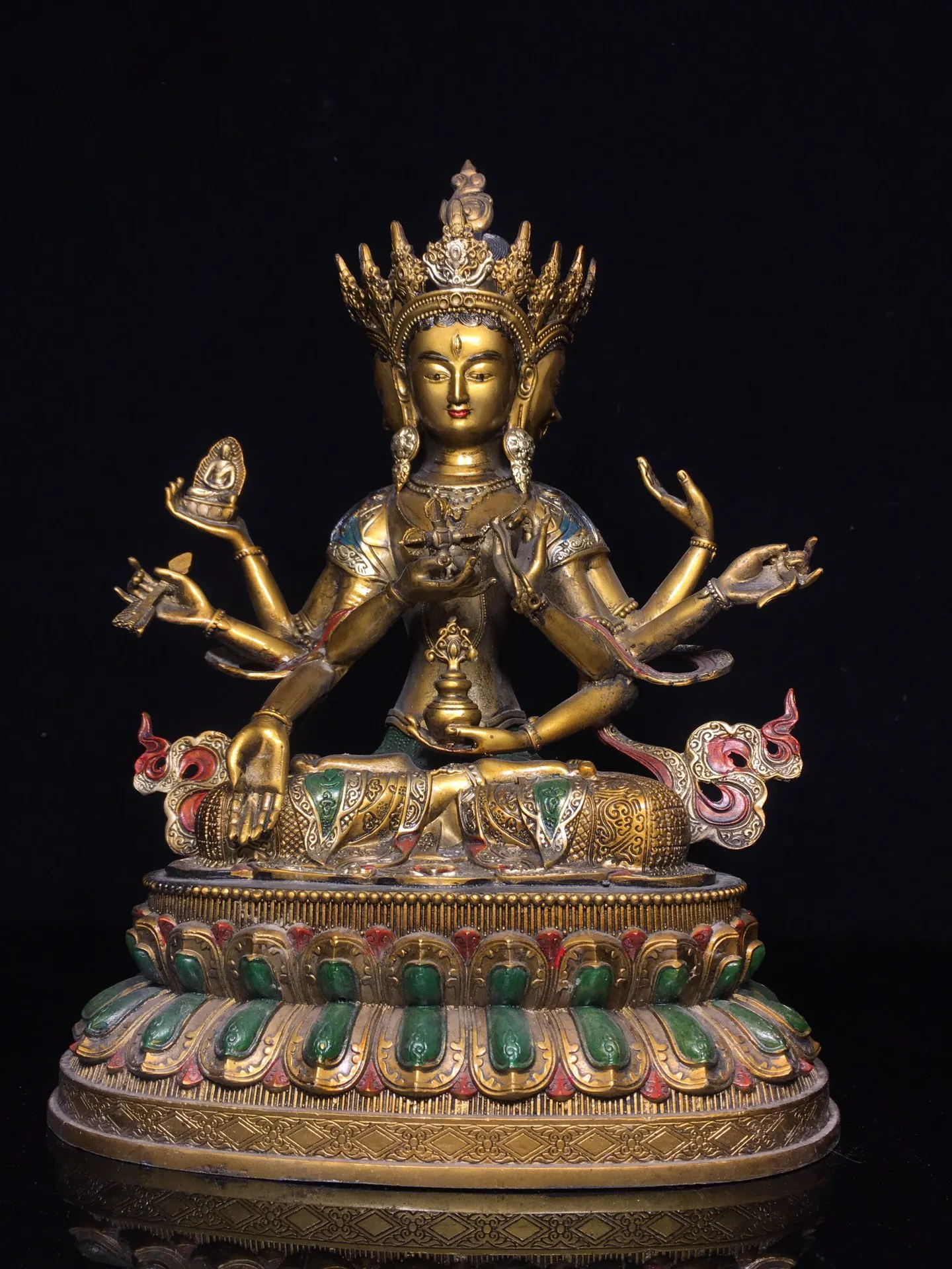 

12"Tibetan Temple Collection Old Bronze Painted Eight arms Namgyalma Sitting Buddha Lotus Terrace Worship Hall Town house