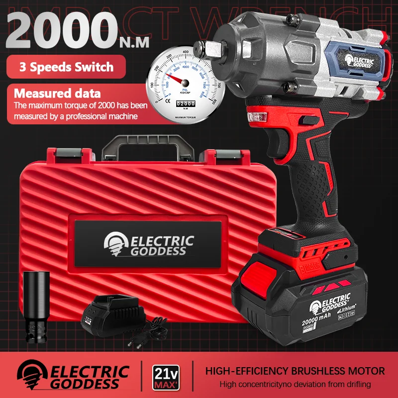 

Electric Goddess 2000N.M High Torque Brushless Electric Impact Wrench Rechargeable Cordless Wrench Drill Car Repair Power Tools