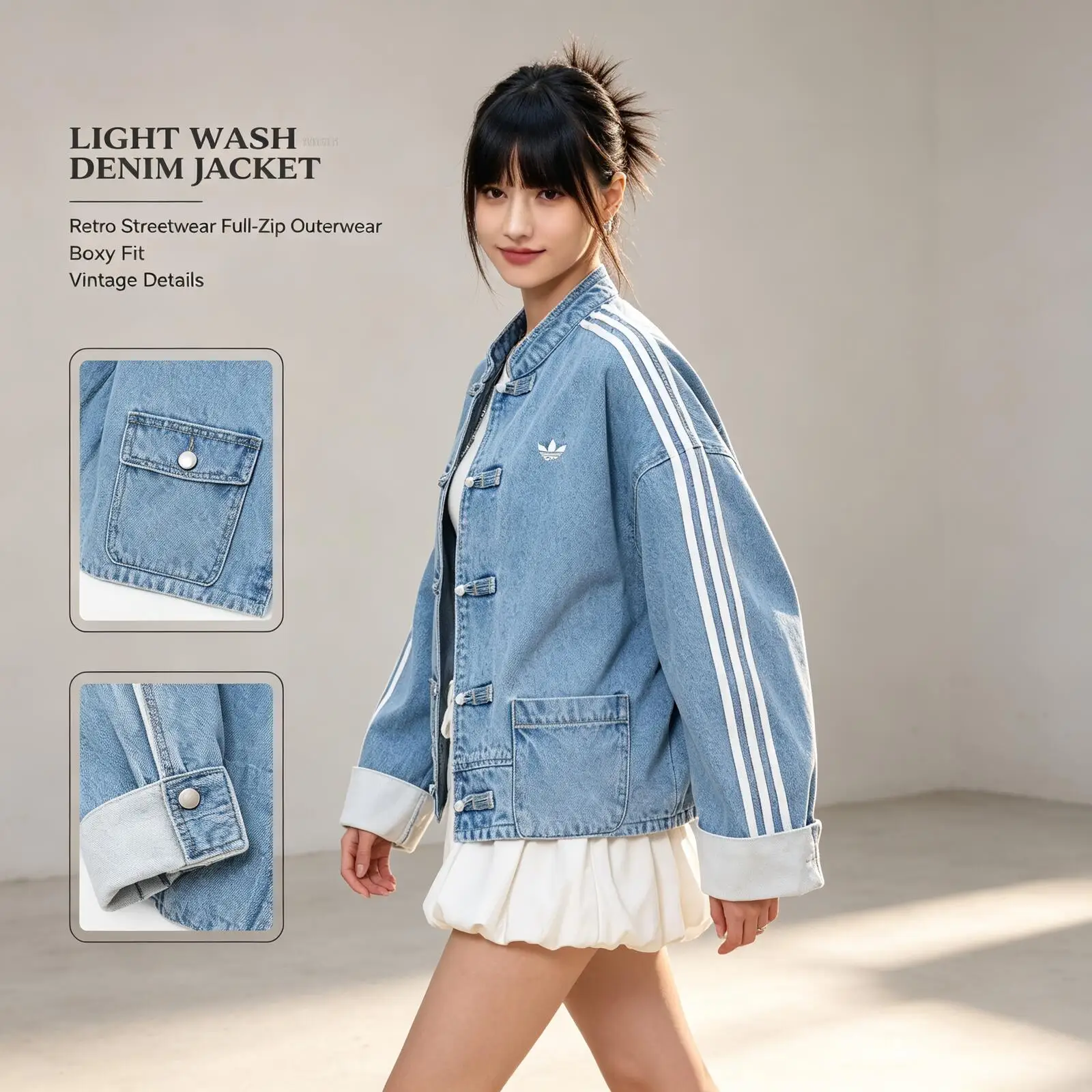 Adidas Originals NEW CHINESE JKT KY5743 Blue Denim Track Jacket Light Wash Stand Collar Buttoned Oversized