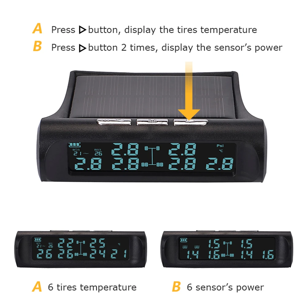 0-101Psi/7Bar Solar Powered 6 Sensors TMPS Autotruck Tire Pressure Monitoring System For Truck Bus Car Tyre Tester Alarm Digital