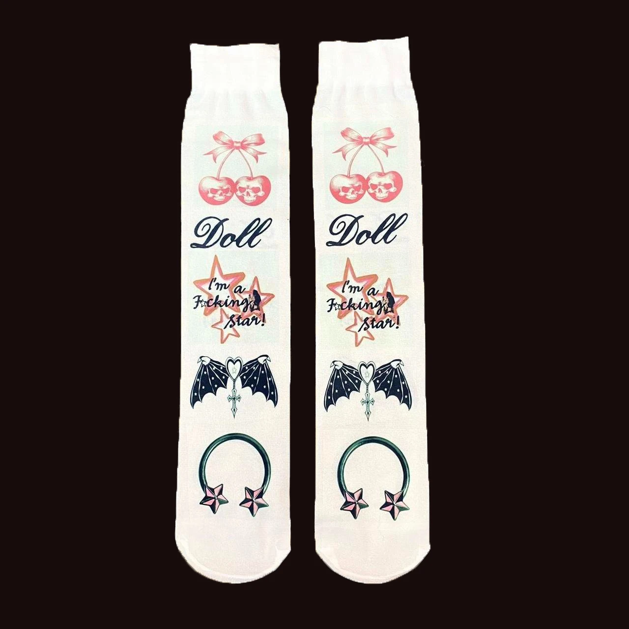 

2000-е годы Y2k Стиль Готический Kawaii Длинные носки с принтом Винтажные милые длинные носки с графическим рисунком Женские милые длинные носки Fairy Trash Эмо девушки