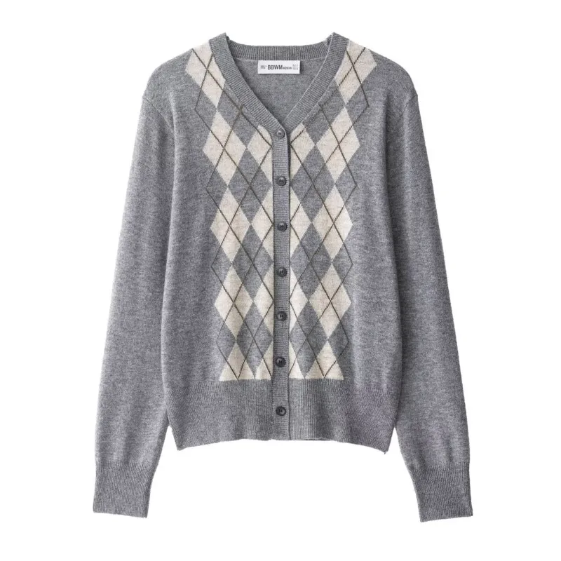 

Женский кардиган HipSeam с шерстяной смесью Argyle, осенний вязаный женский однотонный свитер с v-образным вырезом и пуговицами, эластичные женские топы