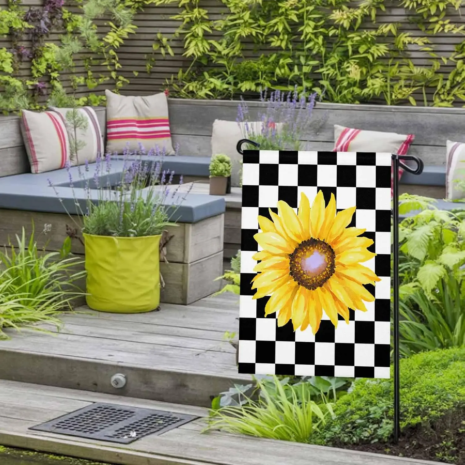 Watercolor Sunflower on Checkered Garden Flags 28x40 Inch Double Sided Welcome Yard Flags for Outdoor Decor Yellow Black Whi ZZM