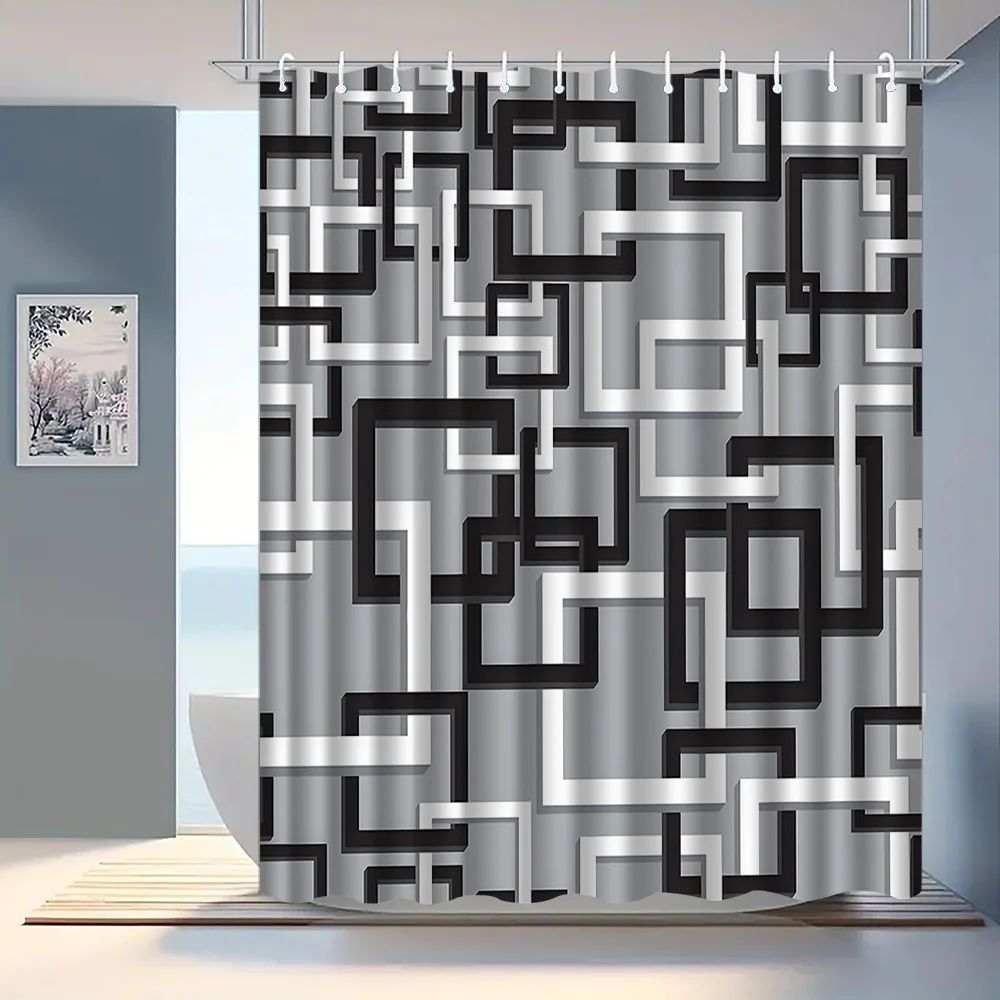 2D Flat, 2D Flat, A Contemporary Minimalist Geometric Shower Curtain Featuring Hooks, Suitable for Washing, Serving As a Bathroo