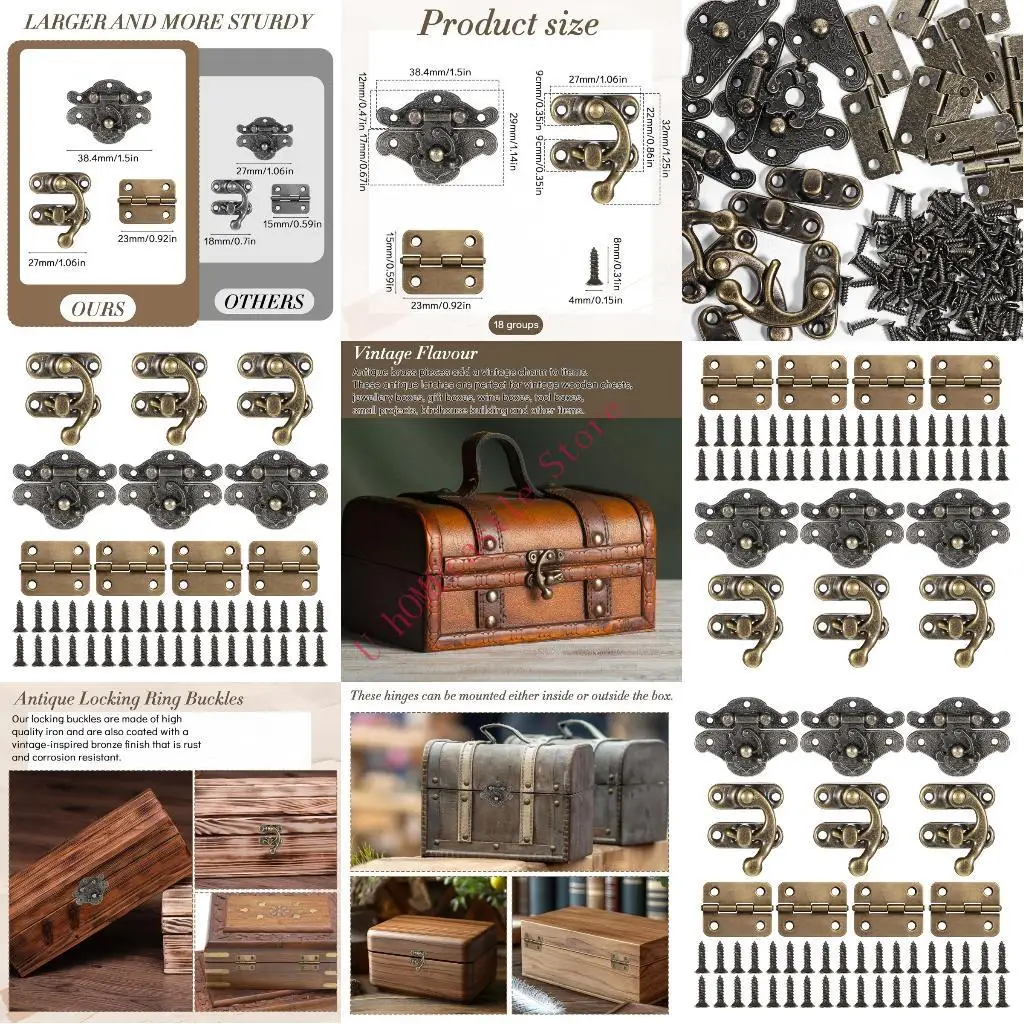 63HF Antique Bronze Jewelry Box Locks with Mini Hinges & Screws Retro Cupboard Hardware Set for Wooden Craft Projects Use