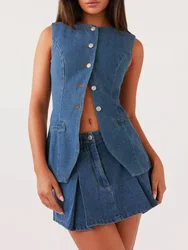 Women Vintage 2 Piece Set Denim Skirts Suits Slim Fit Top Single Breasted Vest Mini Jeans Skirts Summer Office Ladies Outfits