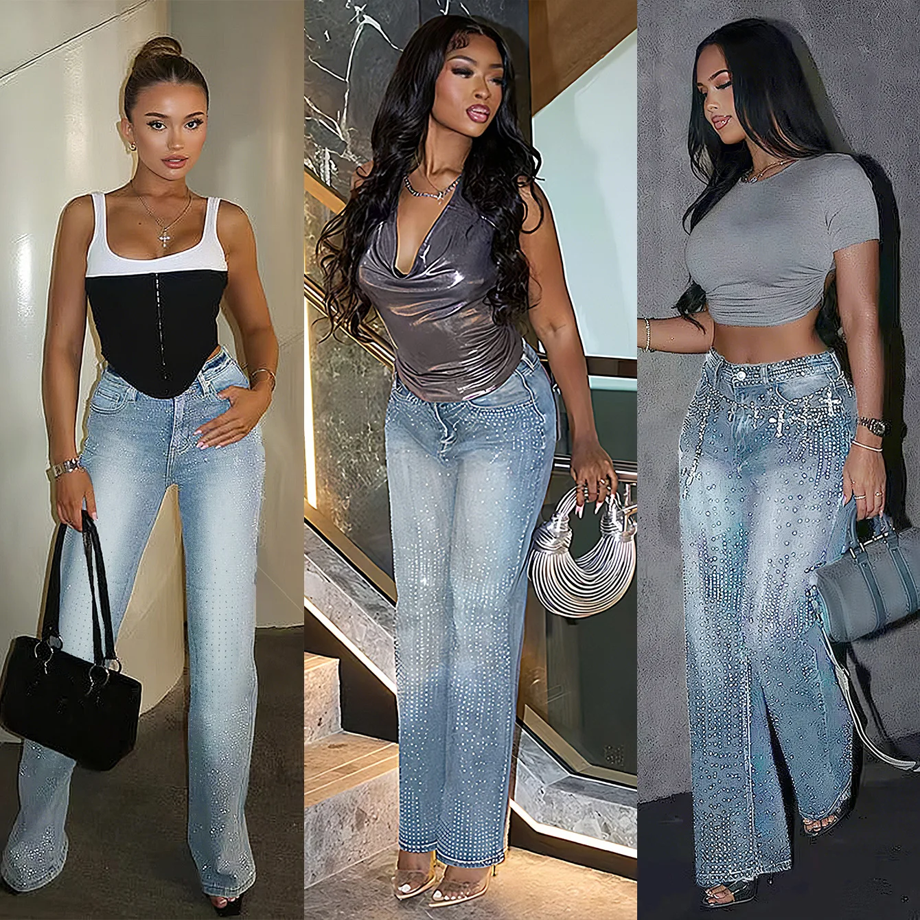 

Women Denim Pant Jeans Straight Denim Pants Solid Button Diamonds Pant High Waist Trousers Basis Pockets Lady Autumn Spring 2025