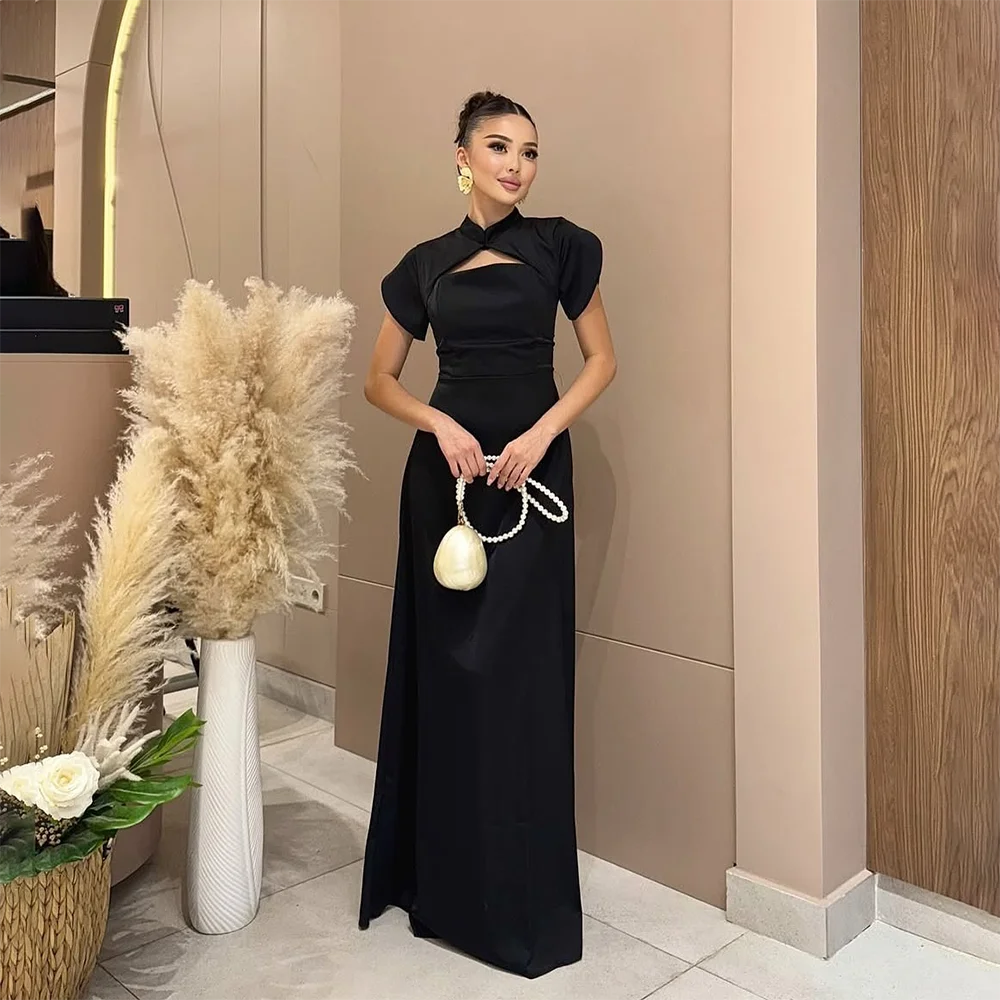 

Black Evening Dress Mermaid High Neck Pleated Evening Gown for Woman Short Sleeves Lace-up Back Wedding Party Dress Customized