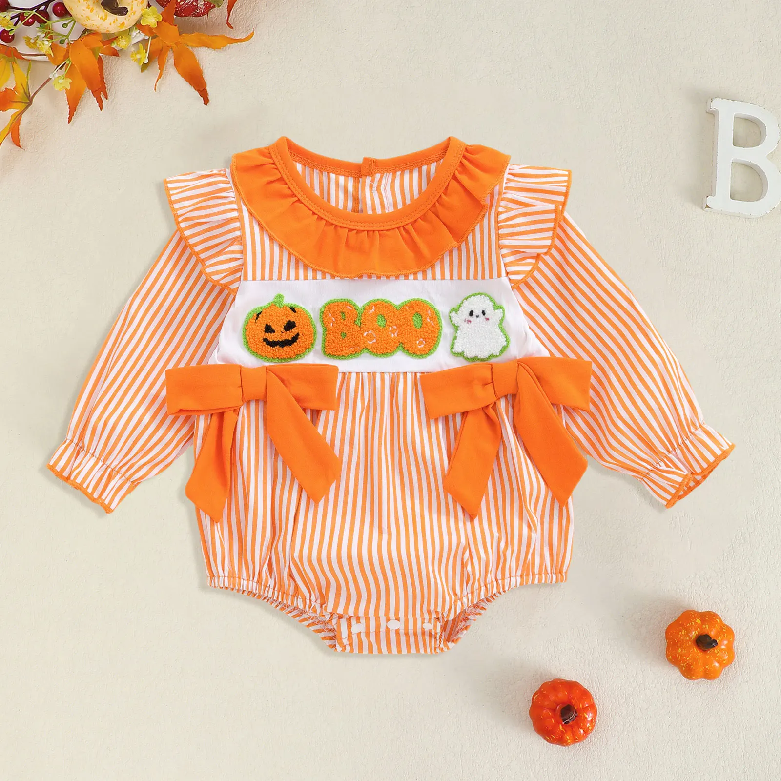

Baby Girl Halloween Romper Striped Pumpkin Embroidered Ruffle Collar Bows Bodysuit Adorable Toddler Girls Crawling Clothes