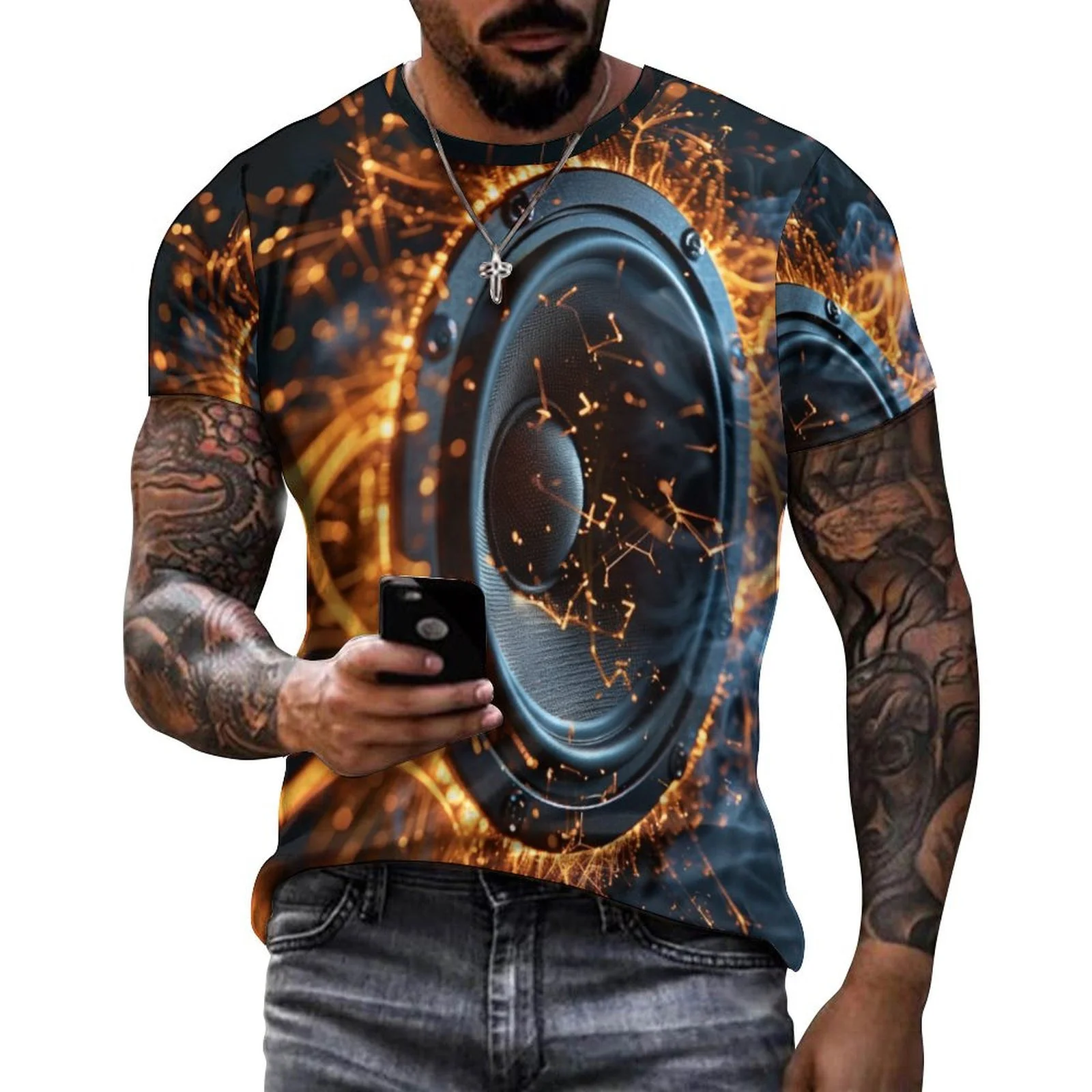 2024 Men's 3D Graffiti Sound Speaker Printed Pattern T-shirt Fashion Casual Loose Breathable Outdoor Street Summer Men's Wear