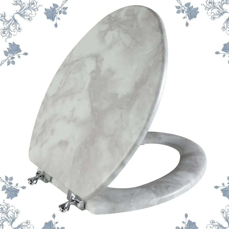 

Elongated Marble Toilet Seat Natural Wood Toilet Seat with Zinc Alloy Hinges, Easy to Install also Easy to Clean