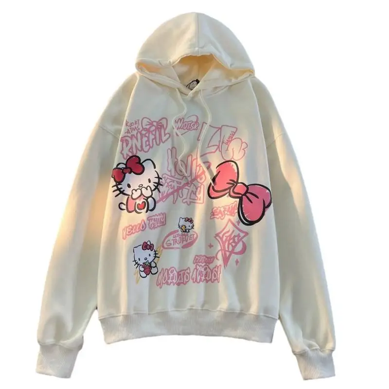 Sanrio Cute Cartoon Hello Kitty Print Hoodies Sweatshirts Anime Kawaii Couple Loose Casual Versatile Tops Coats Gift