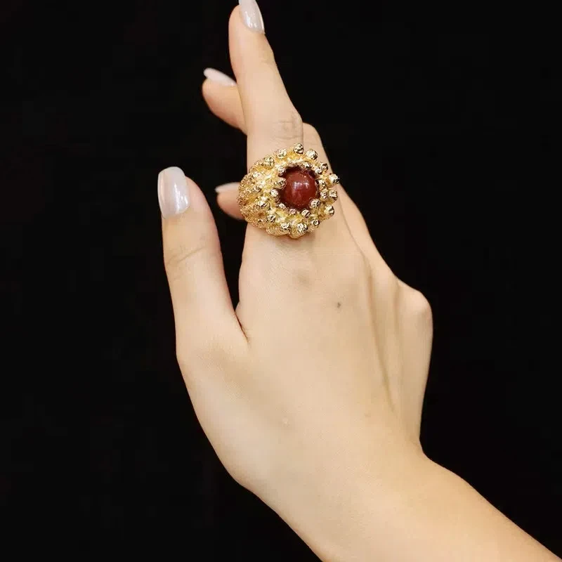 

Intricate High - end Ring with Grade A Red Agate Retro Medieval Brass Adjustable Rings For Women M087
