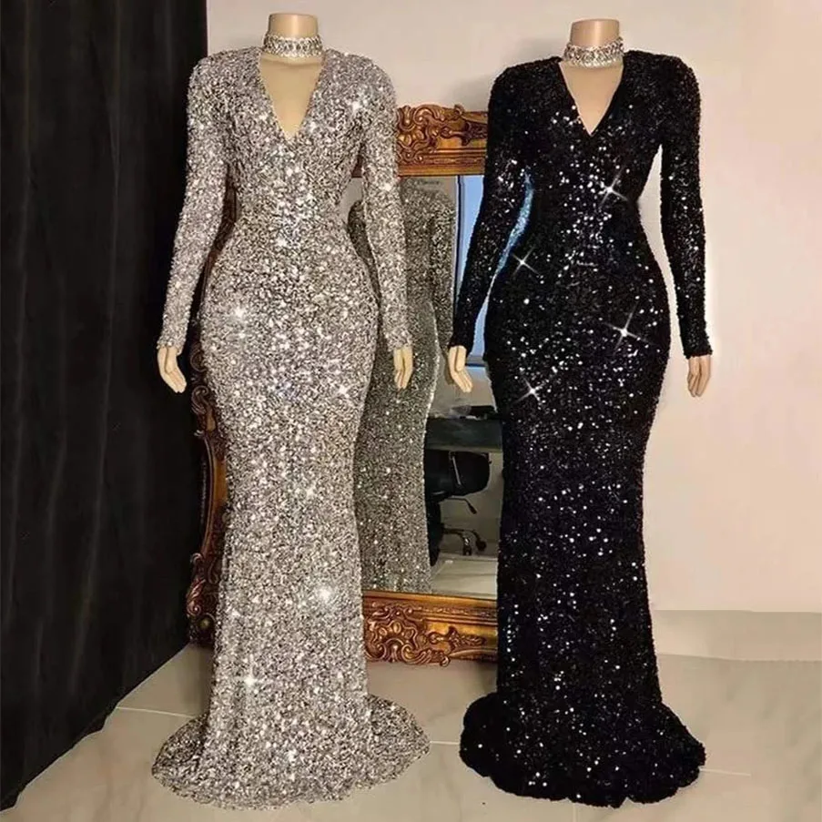 Customized Women Gray V Neck Long Sleeve Sequin Dress Elegant Evening Dress Party Maxi Dress Ladies Trailing Dresses